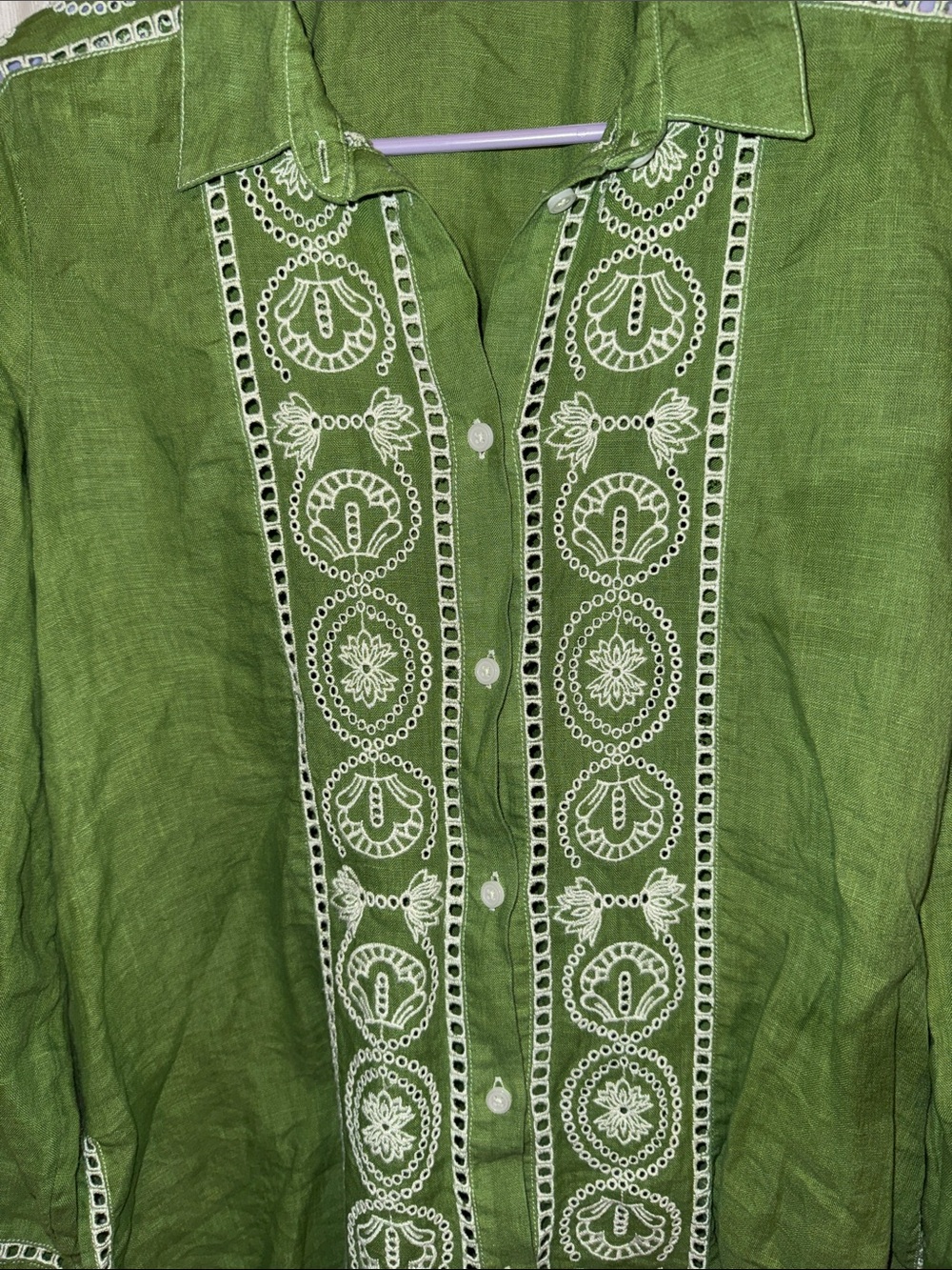 J. Crew Green Linen Embroidered Button-Up top - Picture 3 of 8
